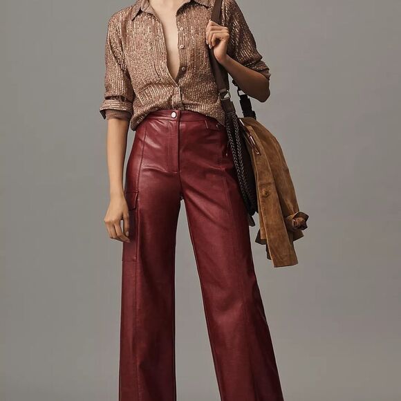 ❤️Elegant ANTHROPOLOGIE Faux Leather Wide-Leg Pants | sz.12 - Picture 6 of 9